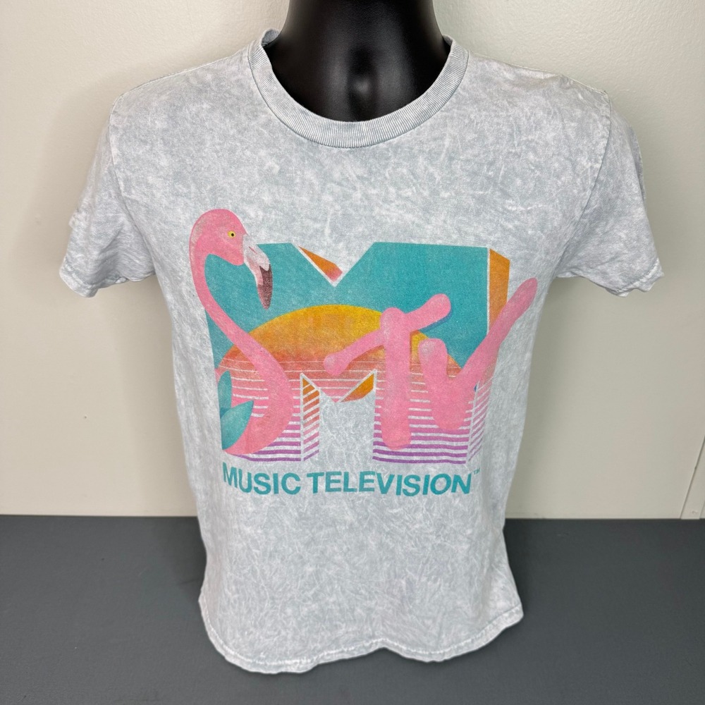 MTV T-Shirt Mens XS Flamingo Graphic Acid Wash Grey Retro Music Television